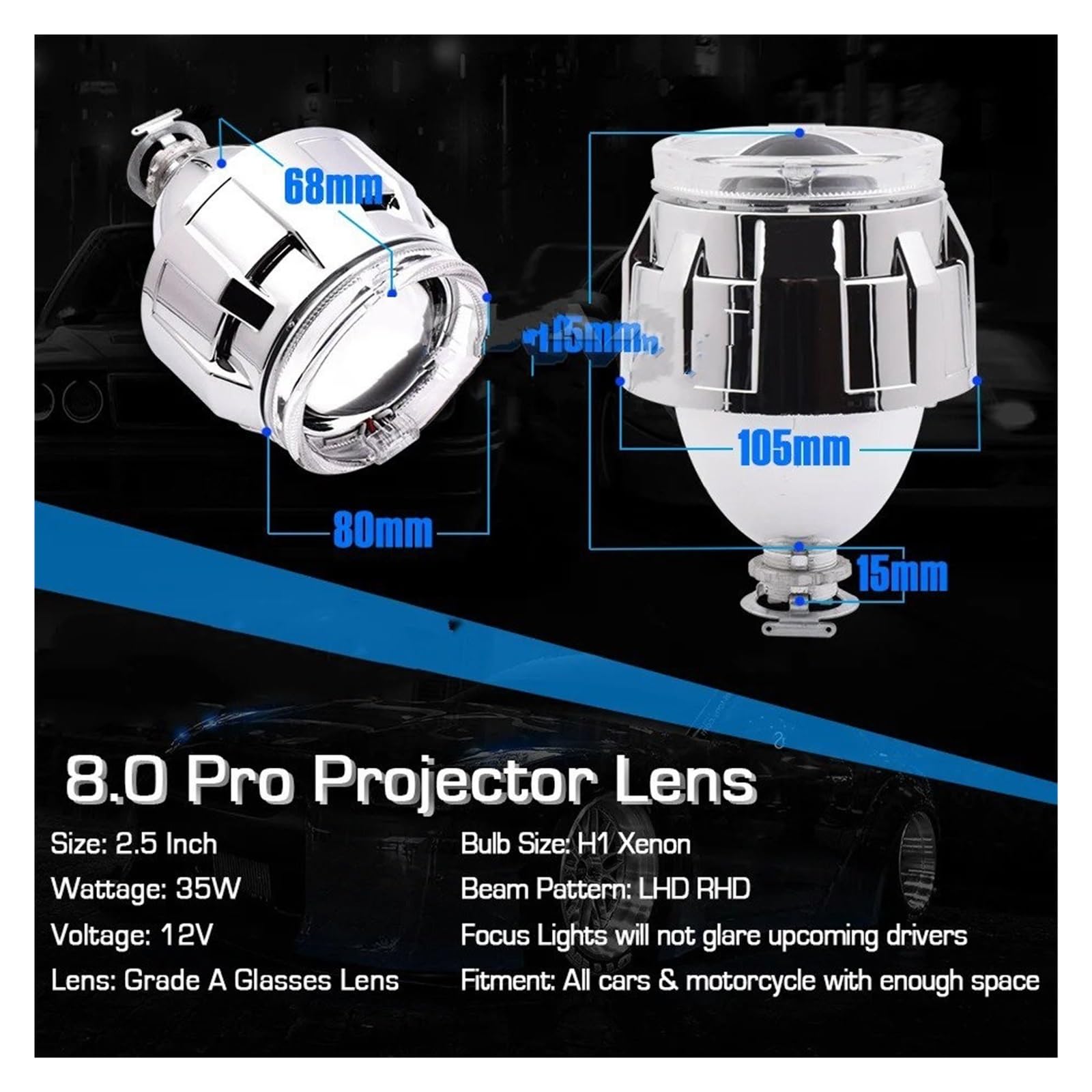 Faro ojos de ángel LED Angel Eyes Halo 2,5 Pulgadas Lente Proyector Bi-xenón Devil H4 H7 Faro Retroadaptado H1 Lámpara Xenón Personalización Faros Angel Eyes para coche(White Blue)
