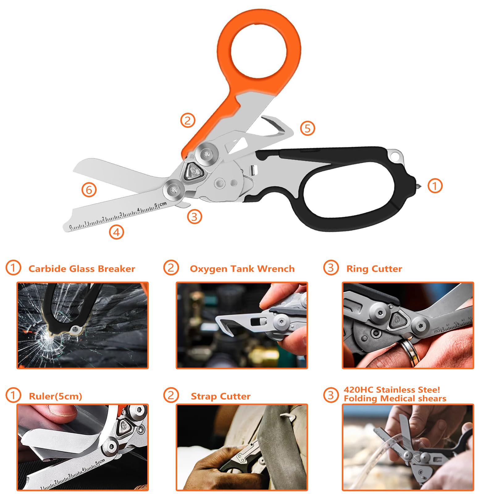 Trauma-Schere, Rettungsschere Multitool, Notfallschere, Glasbrecher, Gurtschneider, Schwarz-Orange