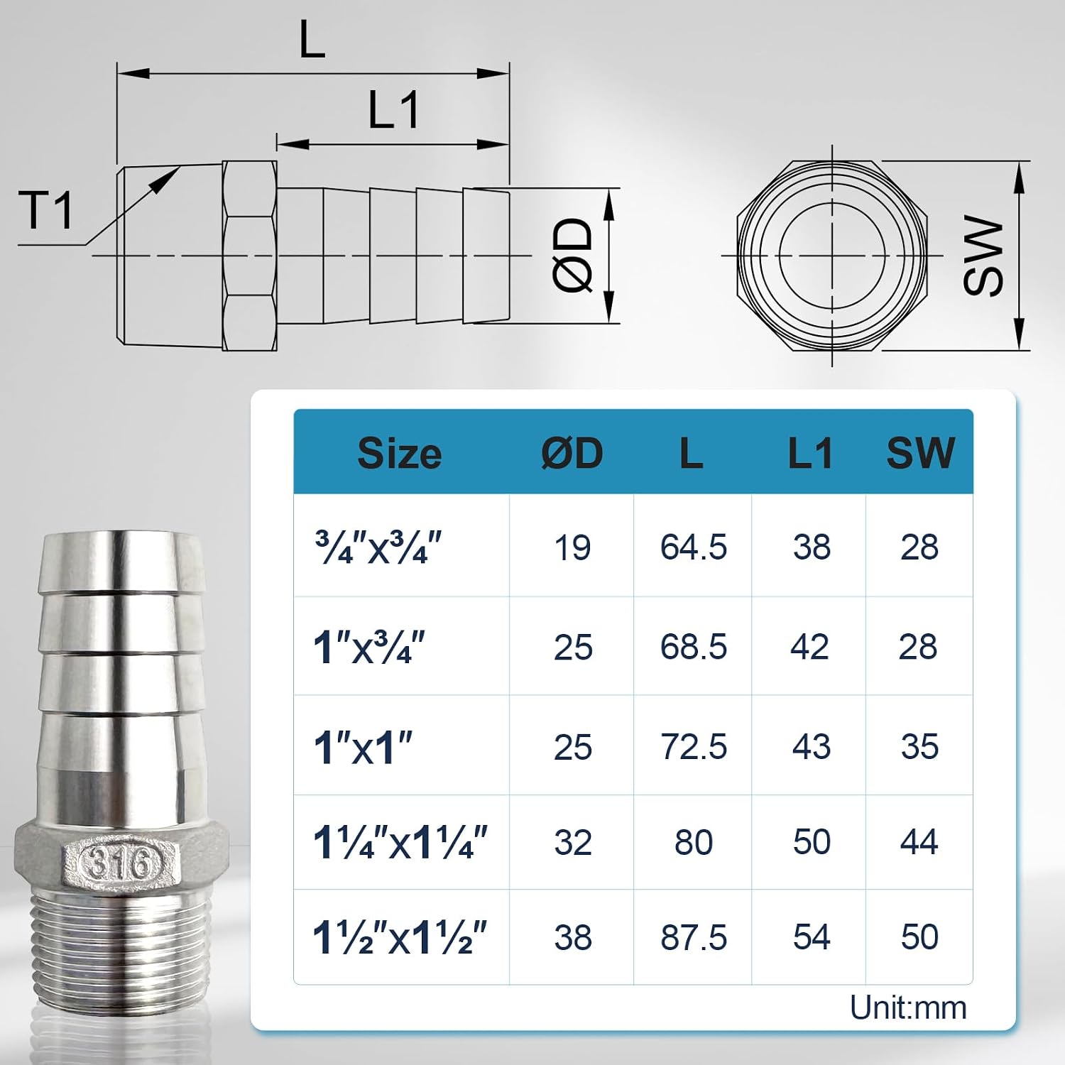 MAXKOSKO Stainless Steel Hose Barb Fitting, 1-1/2" Barb x 1-1/2" NPT Male Pipe, Barbed Air Hose Fitting with Hose Clamp and Wrench