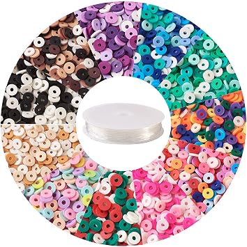 Beadthoven 3454pcs 6mm Vinyl Clay Heishi Beads Multicolor Flat Round Disc Polymer Clay Beads Loose Handmade Spacers with Elastic Crystal Thread for DIY Necklace Bracelet Jewelry Making