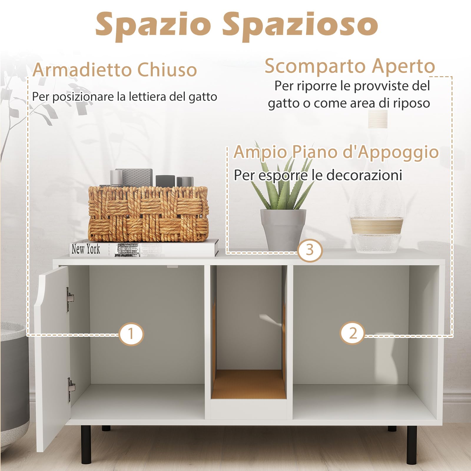 COSTWAY Lettiera Nascosto, Mobile Laterale in Legno con Ingresso a Forma di Testa di Gatto, Pannello Grattugia Rimovibile e Gambe in Metallo, Tavolino per Animali Domestici, Bianco, Portata di 120 kg