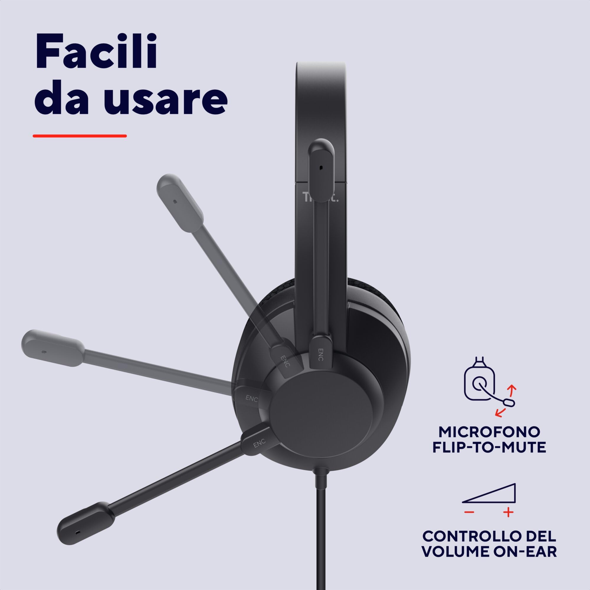 Trust Ayda Max USB Cuffie con Microfono ENC Cancellazione del Rumore, Auricolari con Filo 1,80 m, Mic Noise Cancelling, 85% Plastica Riciclata, Headphones Over-Ear Cablato per PC Laptop Mac, Nero