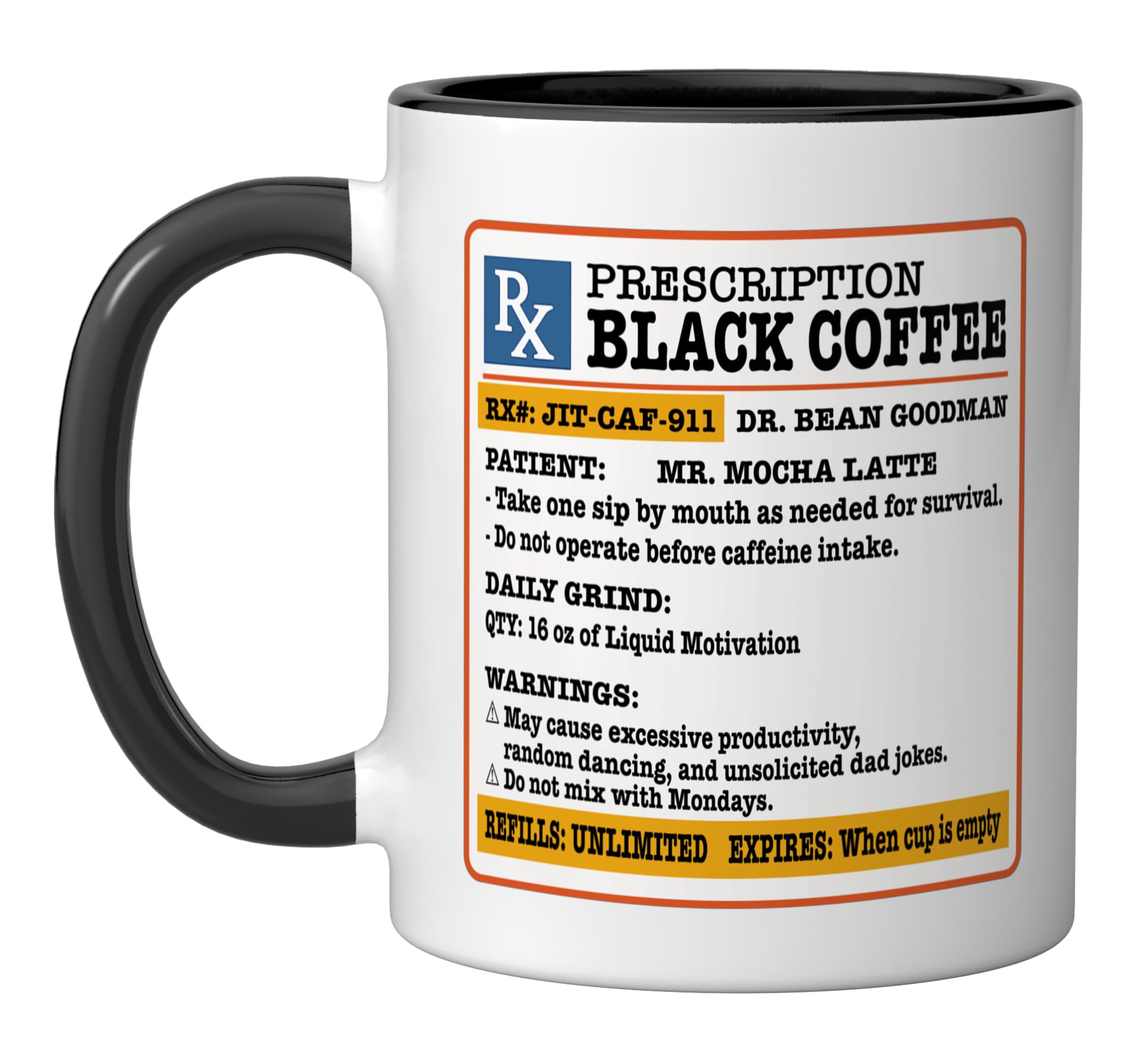 Prescription Black Coffee, Funny Pharmacy Doctor Coworker Ceramic Mug, Black/White