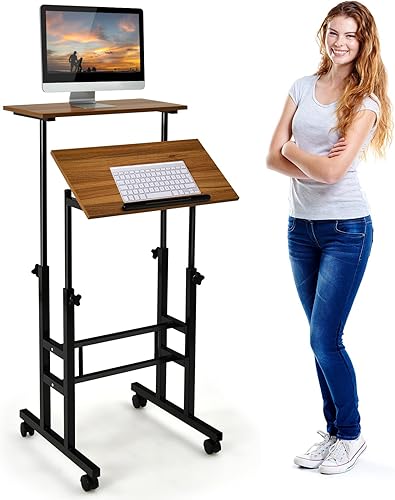 Miniatura 19 de COSTWAY Escritorio móvil de pie, carrito de computadora portátil con ruedas ajustable en altura con escritorio inclinable para estar de pie o