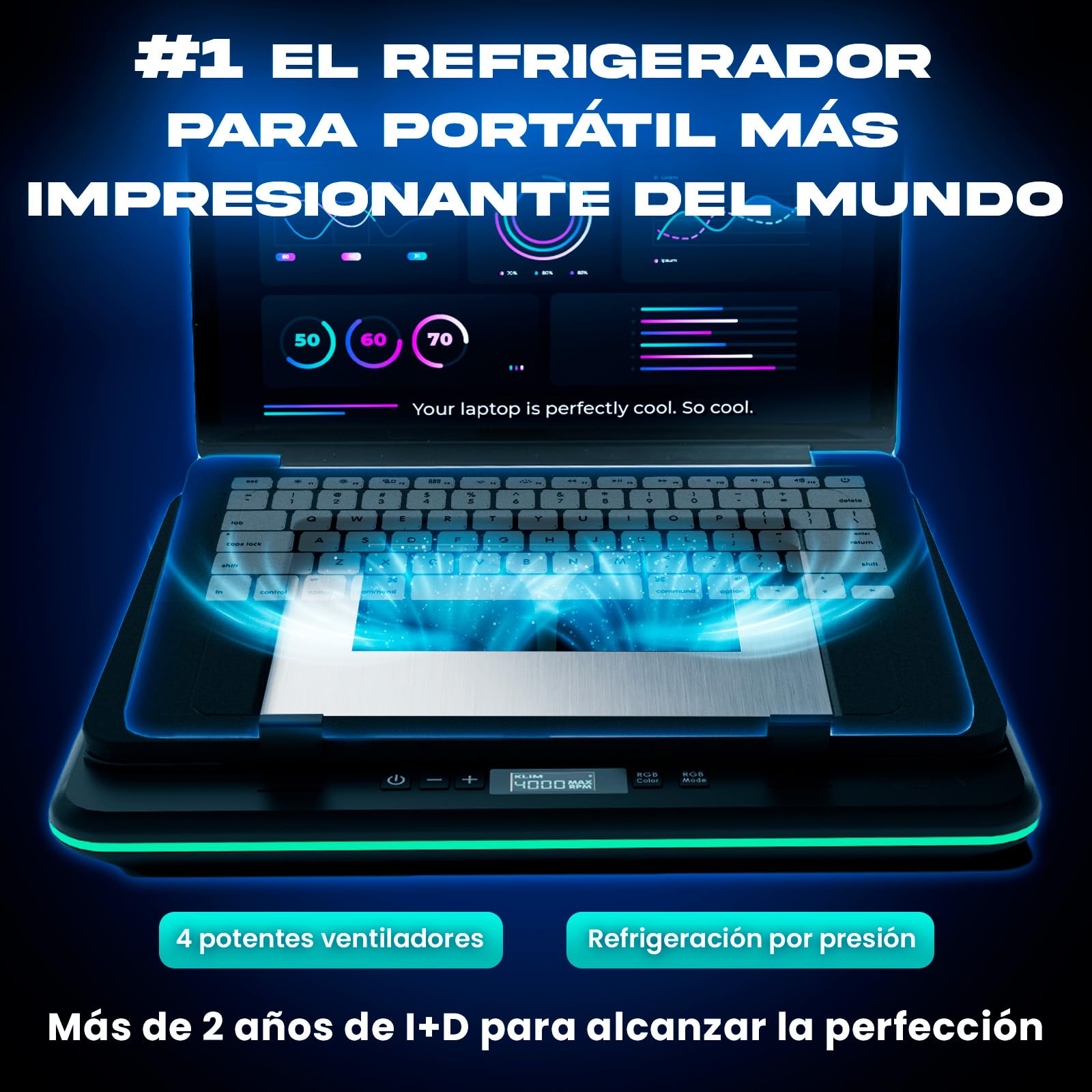 KLIM Turbofrost Base Refrigeradora Portátil - 4 ventiladores x 4000 RPM - 4 puertos USB, espuma sellada, Ventilador para Portatil RGB, Base Portatil refrigeracion - Compatible hasta 17" - Espacio Gris