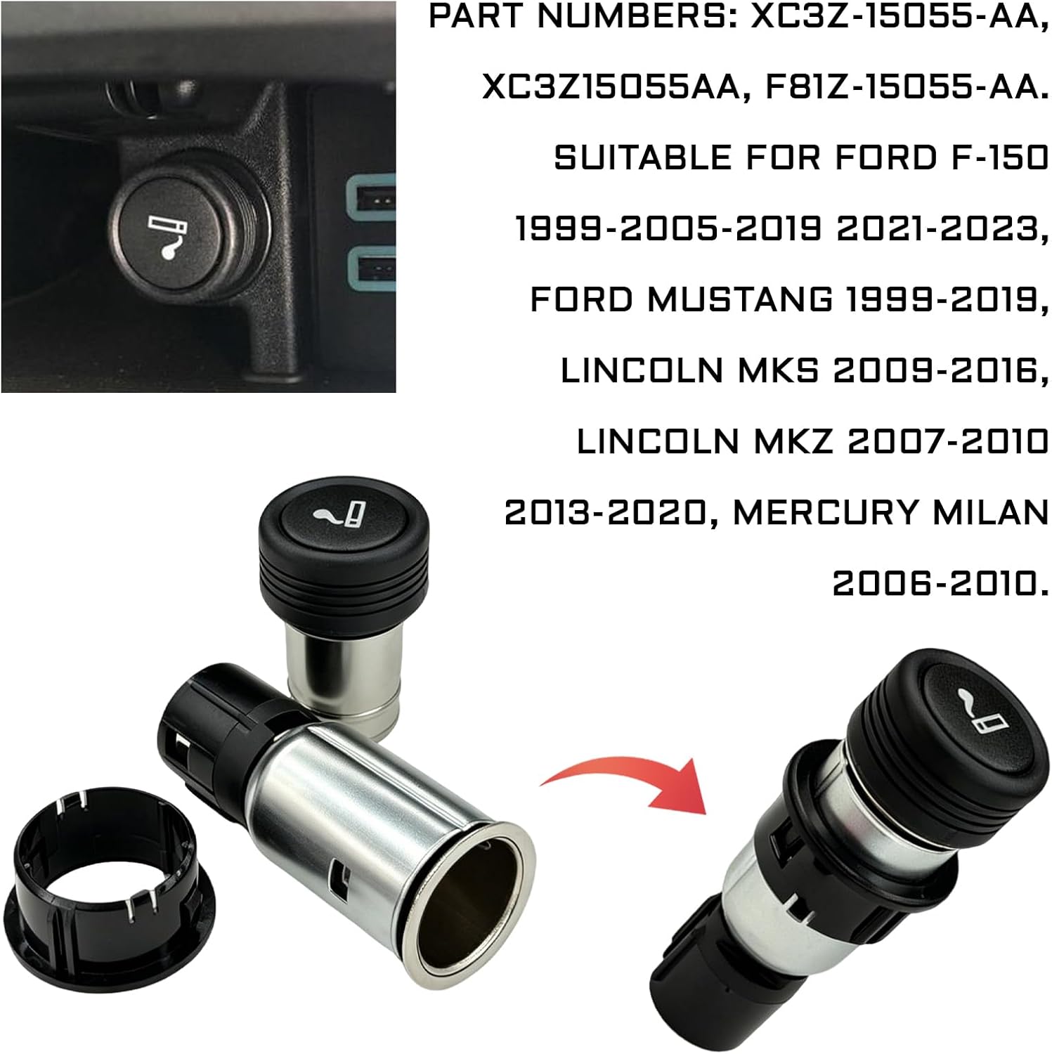 Cigarette Lighter Socket Plug Assembly 12V 120W Power Outlet Replacement Compatible with Ford F150 F250 F350 Focus Fusion Mustang Lincoln MKS MKZ Mercury Milan, Replace OEM XC3Z-15055-AA