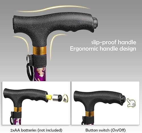 Miniatura 3 de JUNRA Bastón para mujer con luz LED, bastón plegable para hombres y personas mayores, bastón de aluminio plegable ligero, bastón de altura ajustable