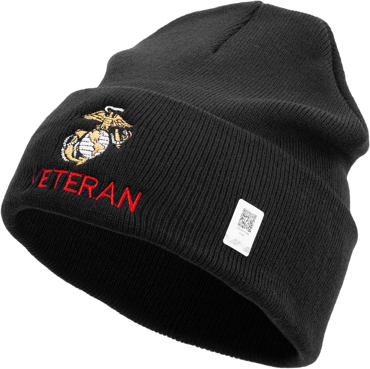 Marine Veteran Logo Embroidered 12 Inch Solid Knit Cuff Long Beanie Made in USA