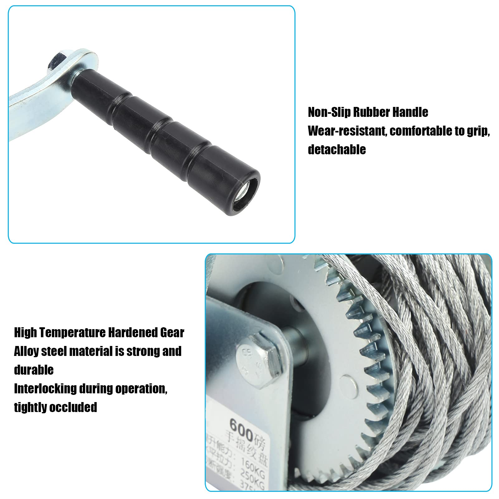 Cabrestante Manual con manivela Manual autoblocante, Herramienta de Eslinga de elevación, cabrestante de Acero de aleación de 600 Libras de Alta Resistencia para Minas de