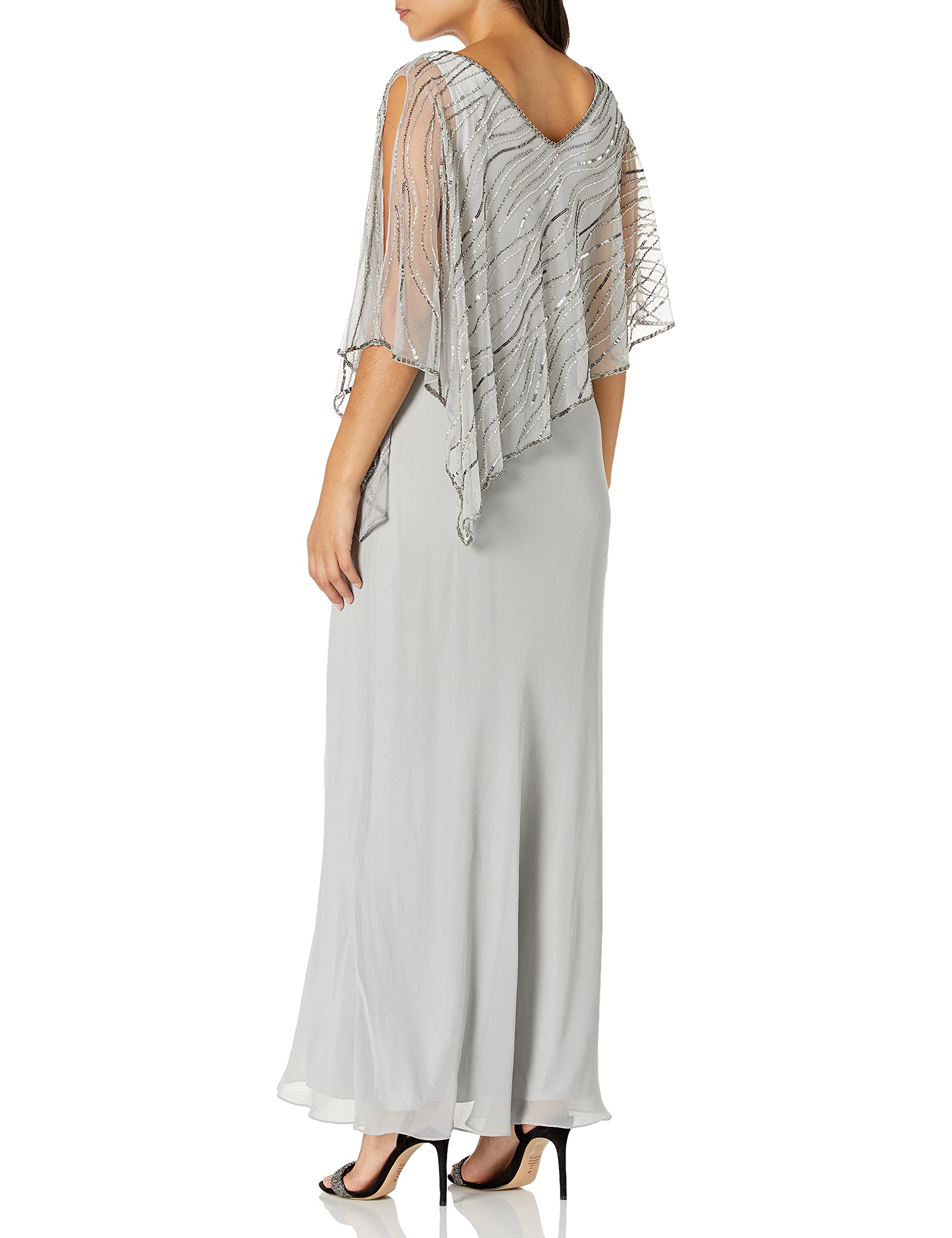 J Kara Women's Pop Over Long Beaded Dress, Silver/Mercury, 12