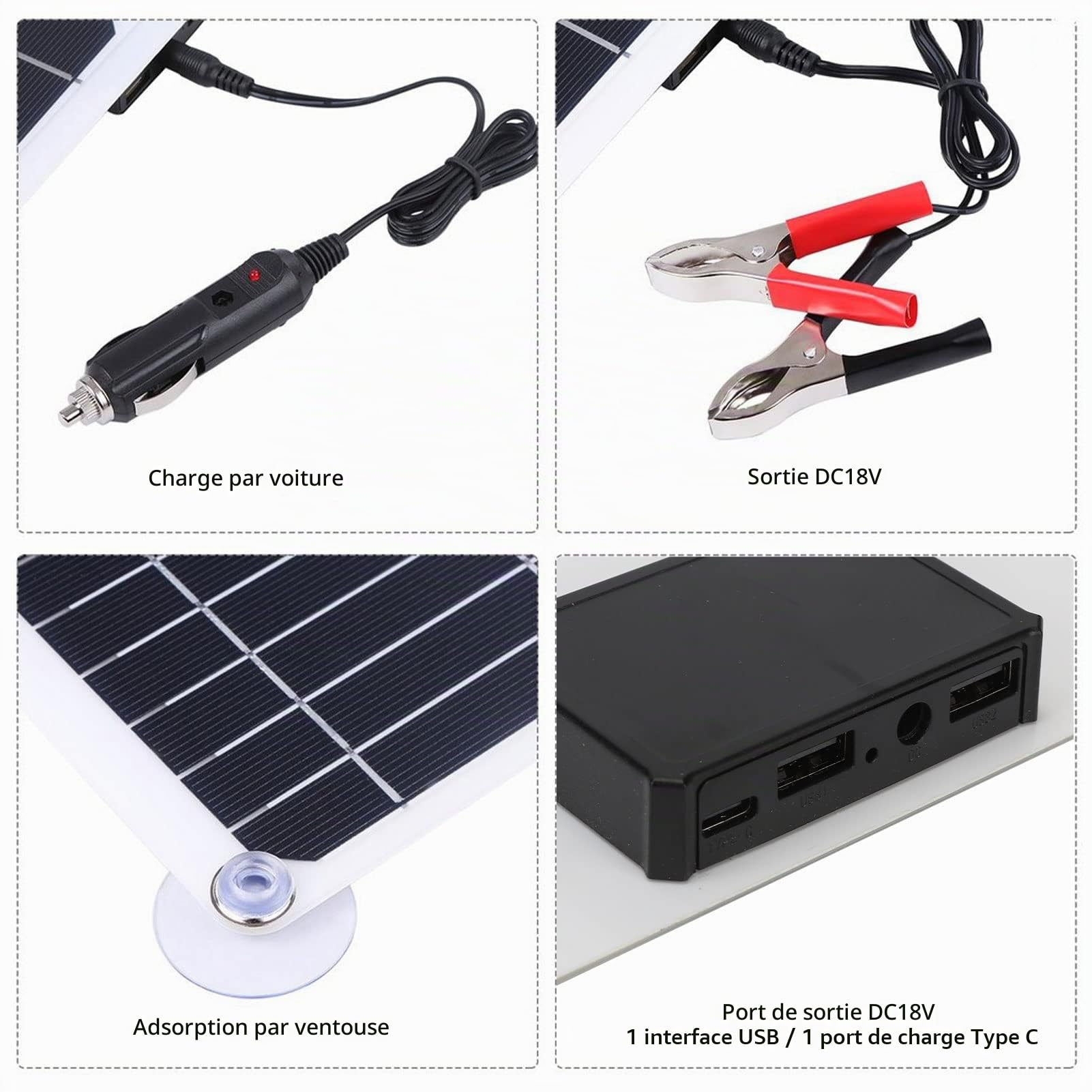 Kit de Panneau Solaire 100 W 18 V, Chargeur de Batterie, Contrôleur USB Portable, Kit de de Panneau Monocristallin pour Voiture, Bateau, Camping-car, Remorque Marine