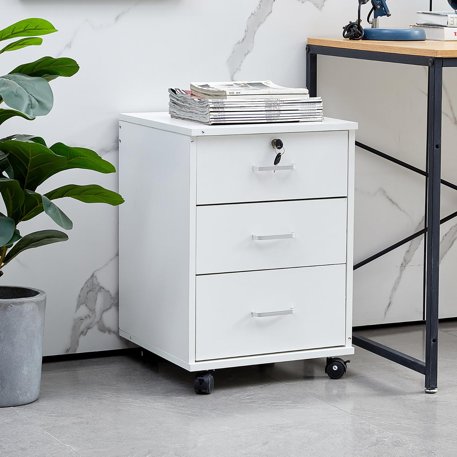 LEMROE Armadietto mobile a 3 cassetti con serratura e ruote in legno stile industriale per ufficio domestico (bianco, 3 cassetti)