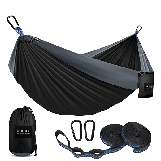 Kootek Camping Hammock Double & Single Portable Hammocks with 2 Tree Straps, Lightweight Nylon Parachute Hammocks for Backpacking, Travel, Beach, Backyard, Patio, Hiking (Black & Grey, Large)