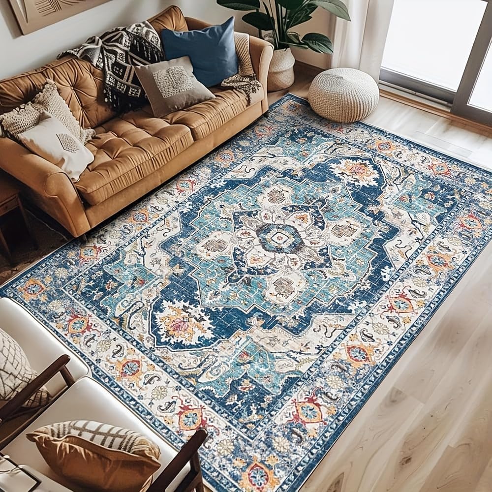 Tapis lavable antidérapant pour entrée et cuisine bleu