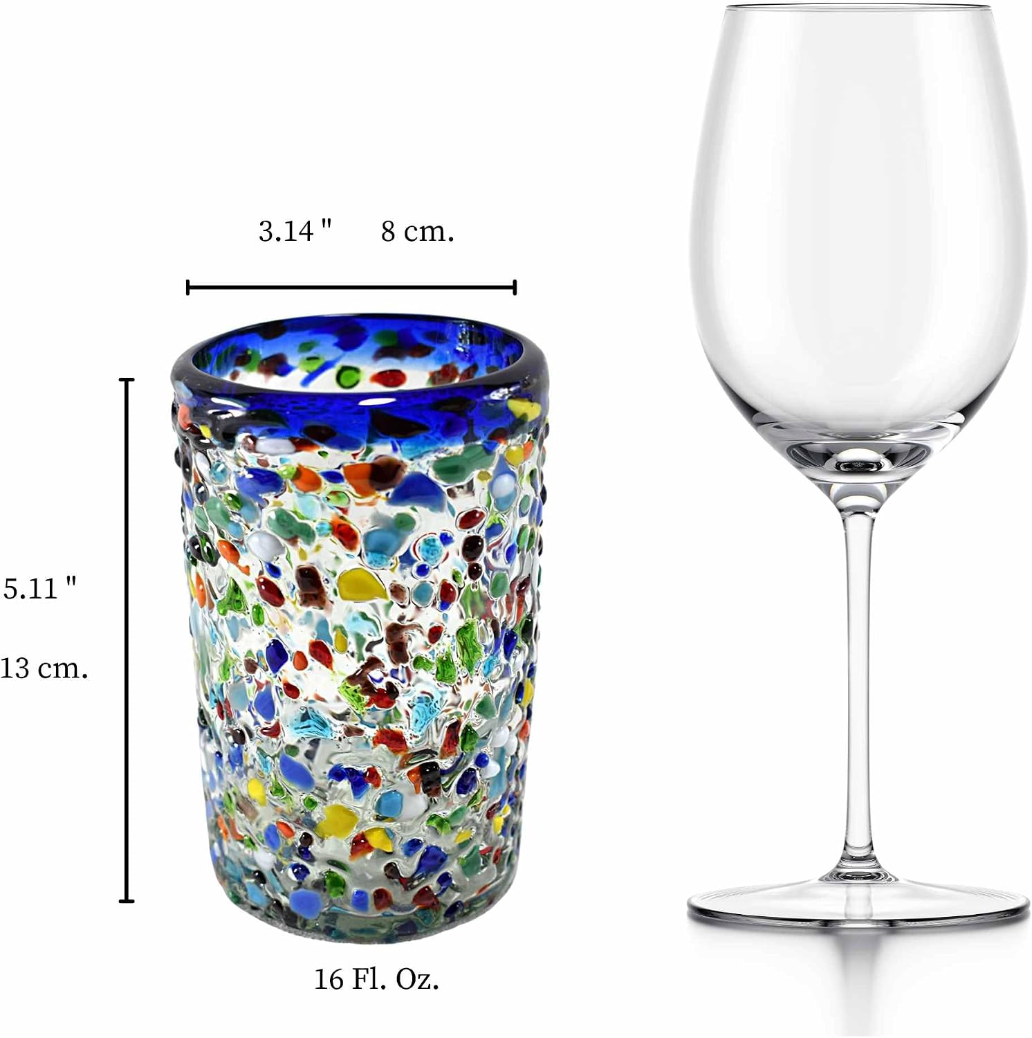 MAREY Hand Blown Drinking Glasses Artisan Crafted from Mexico Set of 6 pieces (Multicolor Hail, Water 16 Oz.)