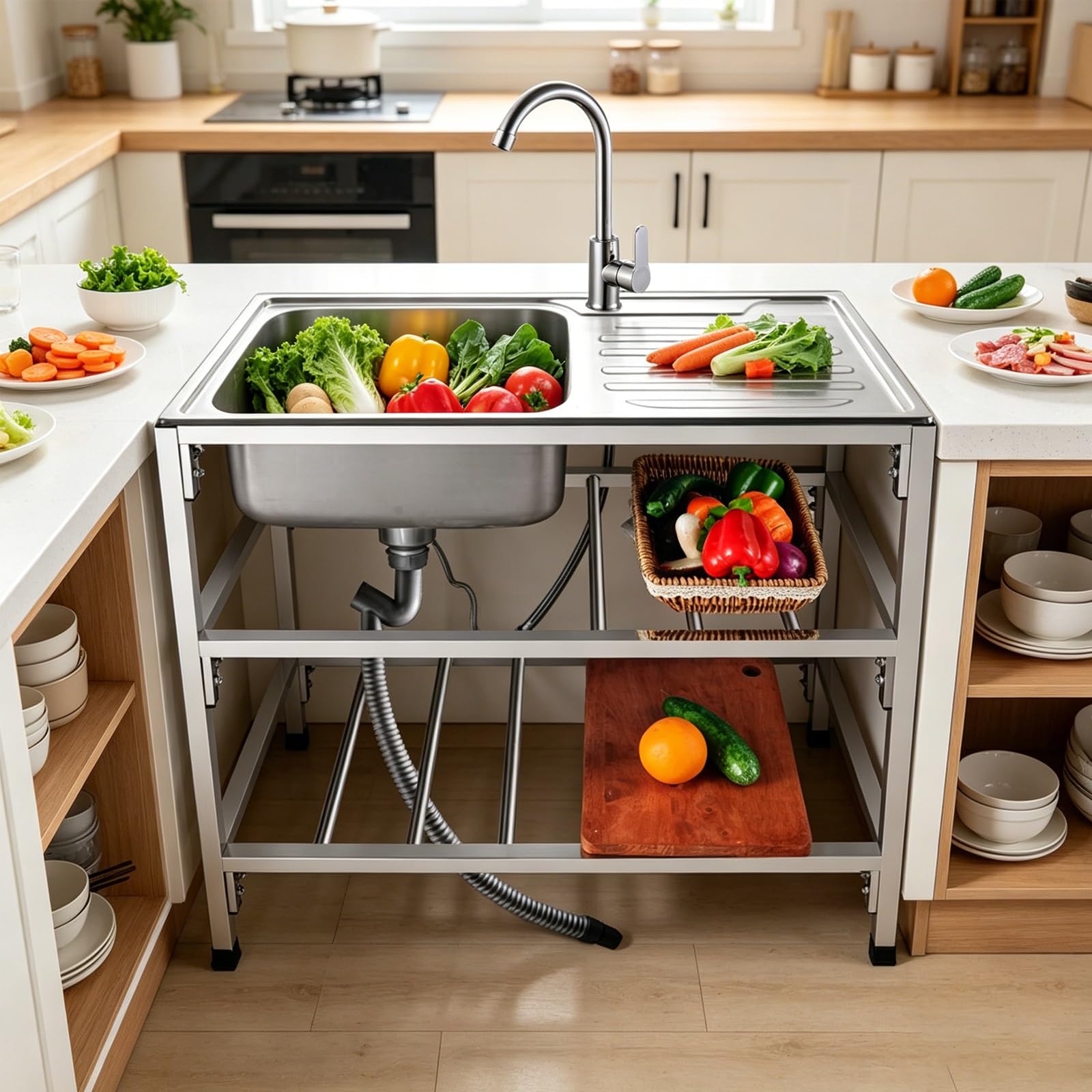 Évier cuisine 1 bac sur pied pour laver sans effort et tout ranger en dessous