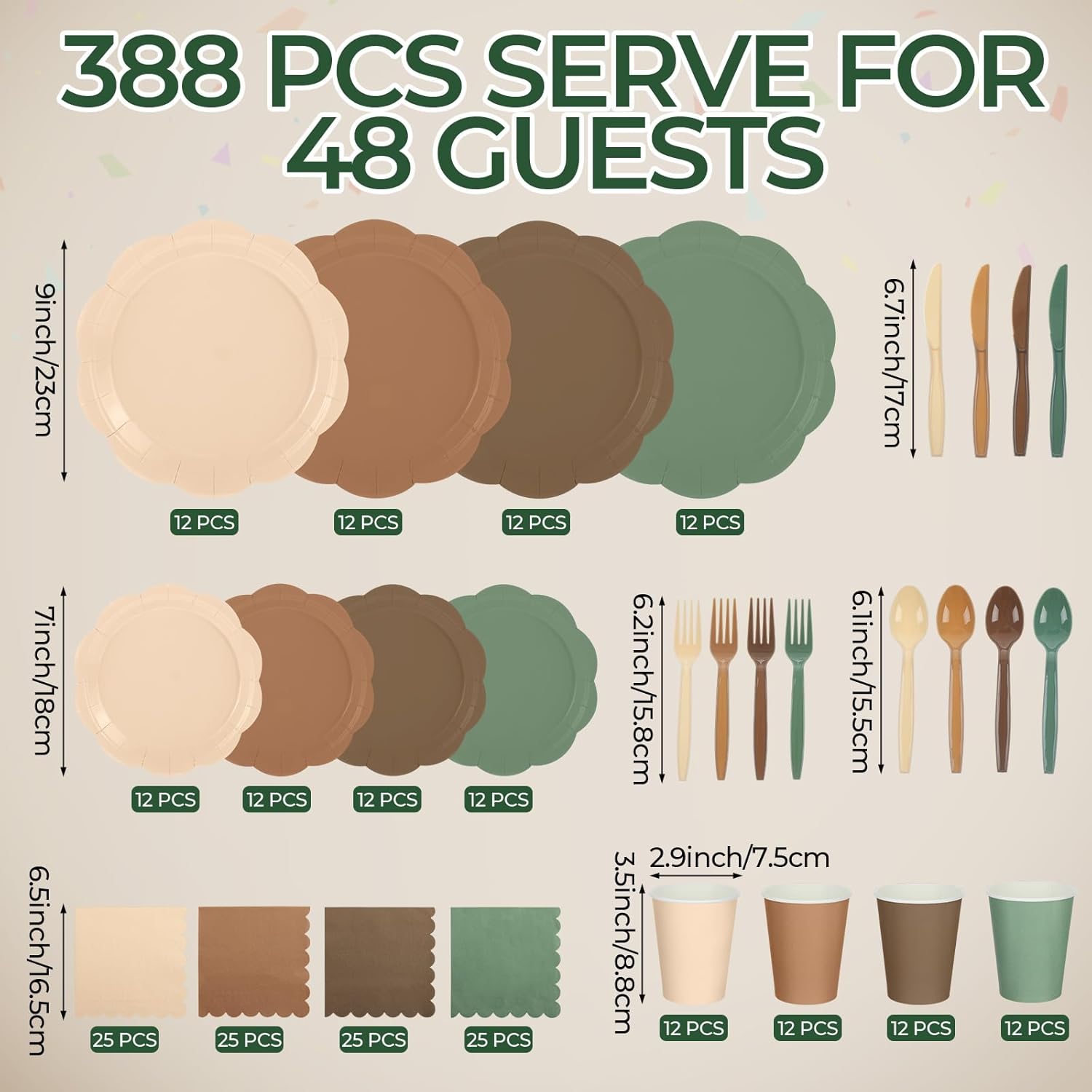 Qinyoung 388 Pcs Woodland Baby Shower Tableware Decorations Include Sage Green Brown Forest Scalloped Plate Paper Napkin Cup Plastic Cutlery for Safari Jungle Neutral Birthday Wedding, Serves 48