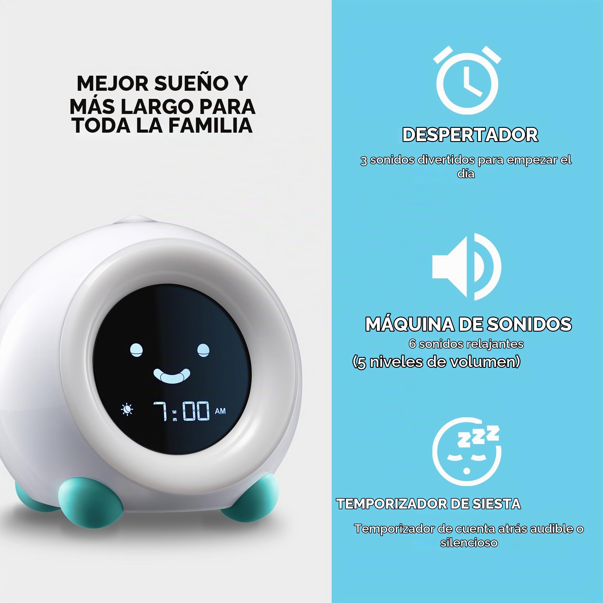 LittleHippo Mella Dispuestos a levantarse Entrenador de niños, Reloj Despertador, luz de la Noche del sueño Sonidos de la máquina (Arctic Blue)