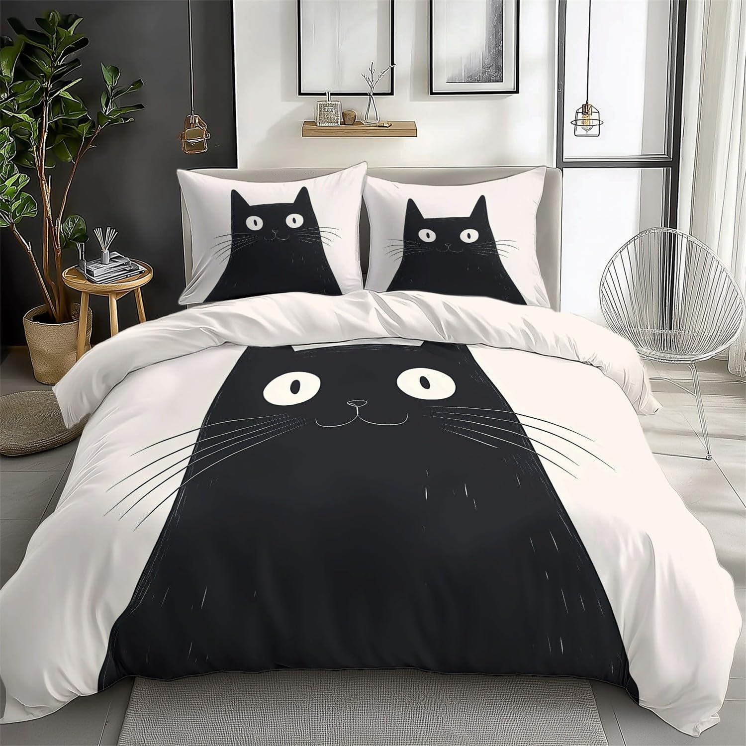 Housse de couette 200x200 chat noir mignon en polycoton avec taies
