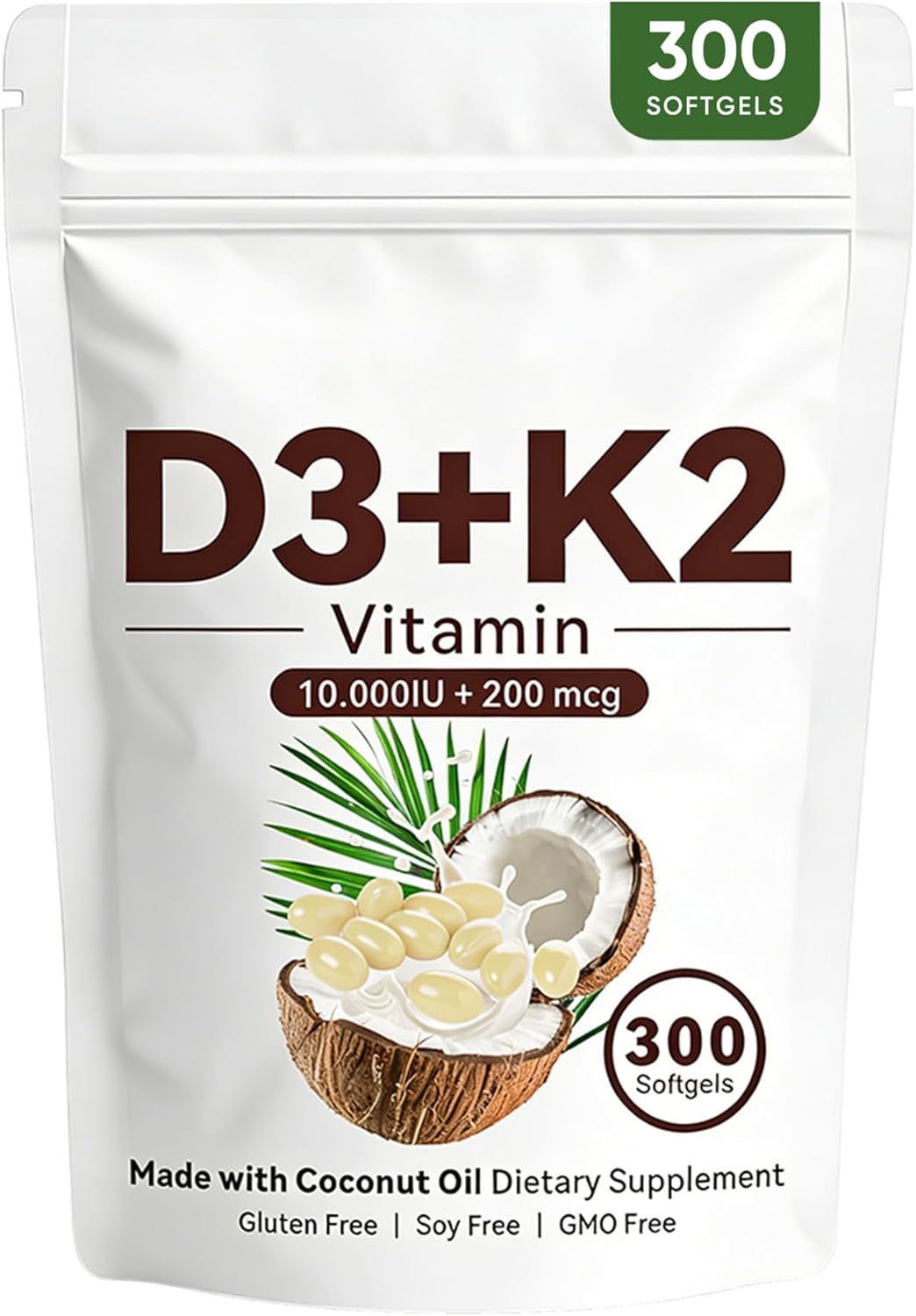 wuliao Vitamin D3 K2 10,000 IU – 2-in-1 D&K Complex with Vitamin K2 (MK-7), Supports Bone & Calcium Absorption, Immune Support, Non-GMO, 300 Softgels (1 Pack)