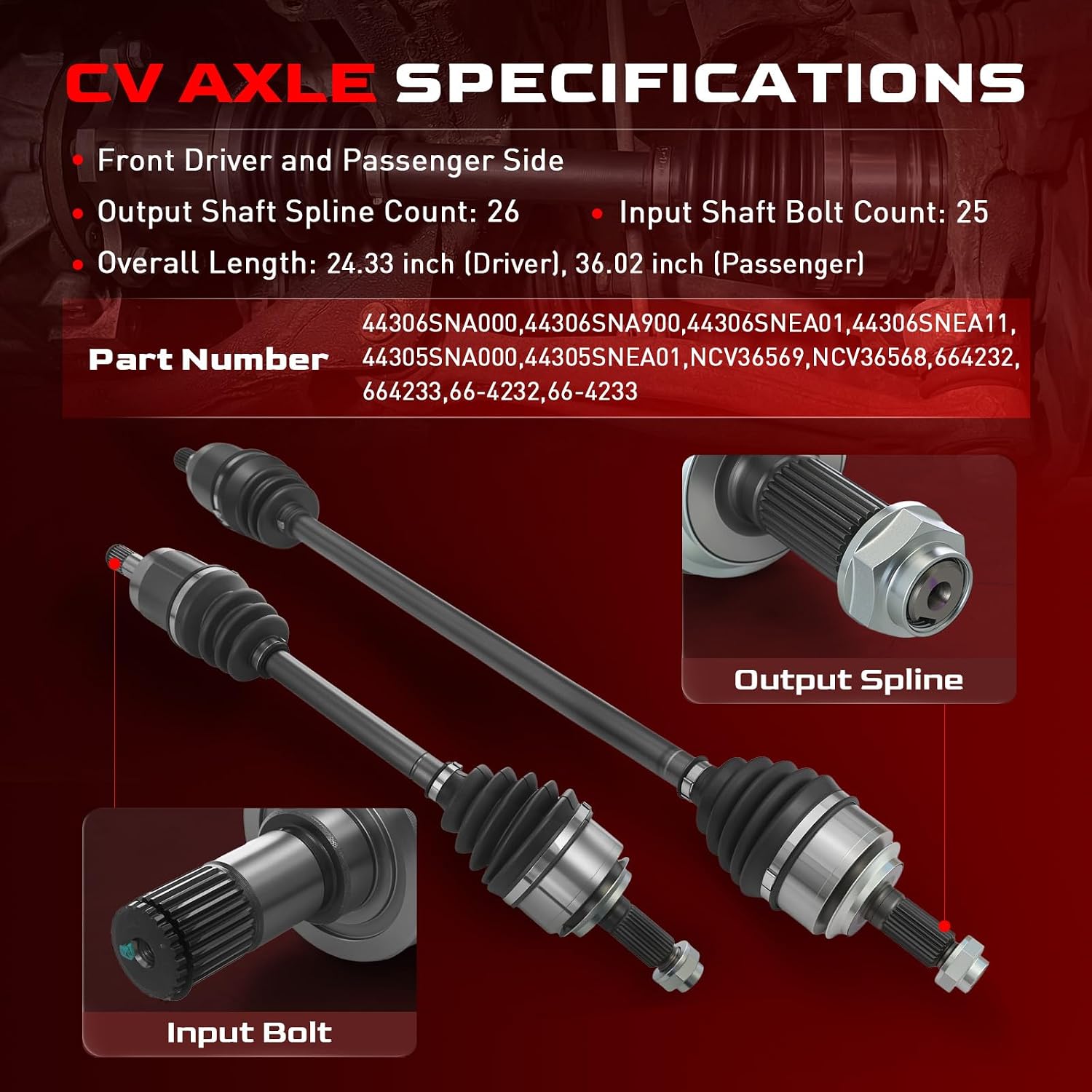 NCV36568 NCV36569 Front CV Axle Shafts Assembly Fit for 2006-2015 Honda Civic L4 1.8L, 06 07 08 09 10 11 12 13 14 15, Automatic Transmission, Front Driver and Passenger Side, 664232 664233