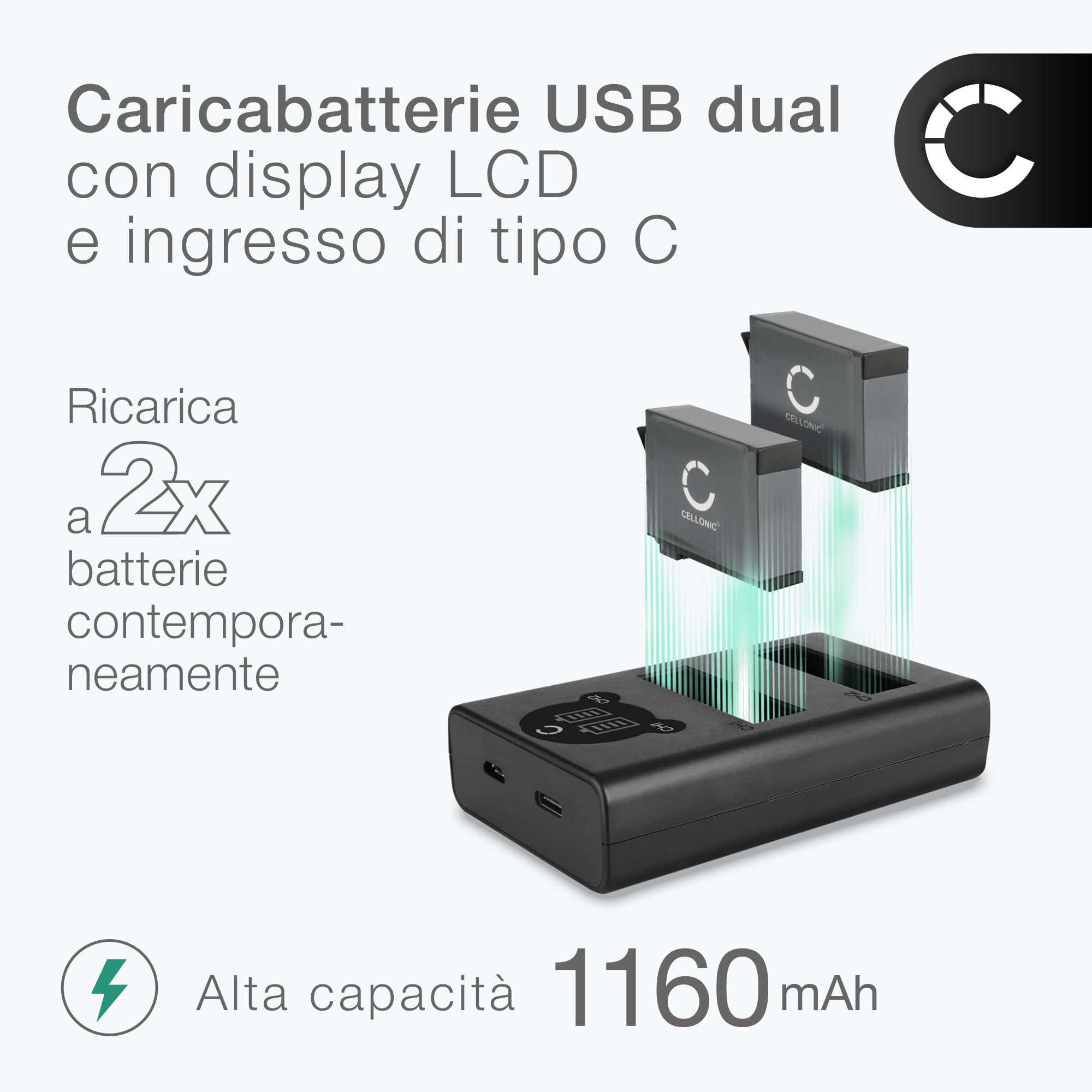 CELLONIC 2x Batteria per Fotocamera Compatibile con GoPro Hero 4, Hero 4 Black, Hero 4 Silver, 335-06532-000 – (1160mAh, 3.8V) + Caricabatterie Doppio