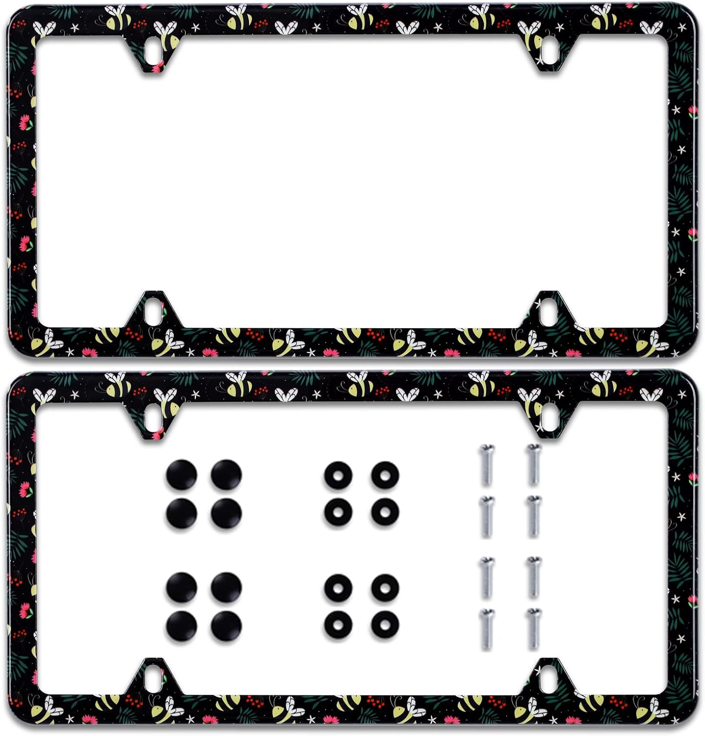 2 Pack Cute Bee Honey License Plate Frame Yellow Bees Floral Stainless Steel Car License Plate Accessory Personalize Decor 12.3" X 6.3" with Screw for Men Women