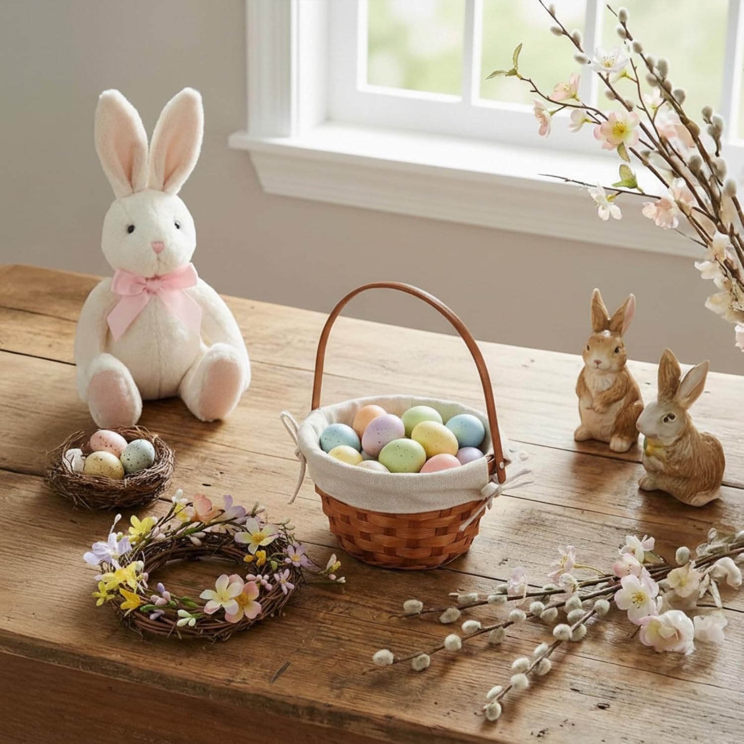 6 Pcs Easter Woven Basket with Liner and Handle Easter Bamboo Gifts Basket for Egg Hunt Bunny Party Favors Gifts Supplies Decor