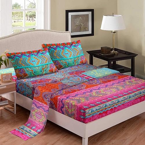 Juego de Sábanas Boho Tamaño Queen Juego de Sábanas de Cama Bohemias de 4 Piezas Microfibra Súper Suave Sábanas Coloridas Tribales a Rayas Bolsillo