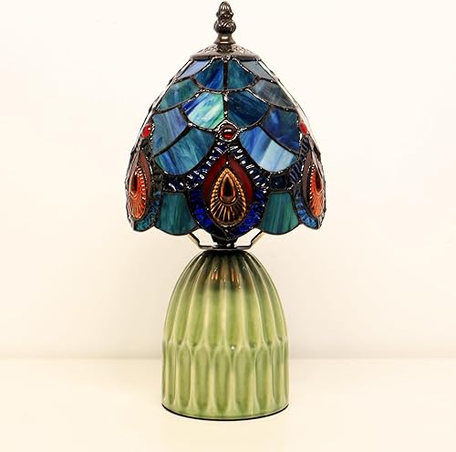 Miniatura 8 de Tiffany Lamp Stained Glass Mushroom Table Lamps 6X6X12.5 Inch Sea Blue Peacock Tail Style Small Night Light Ceramic Base Mini Accent Desk Light