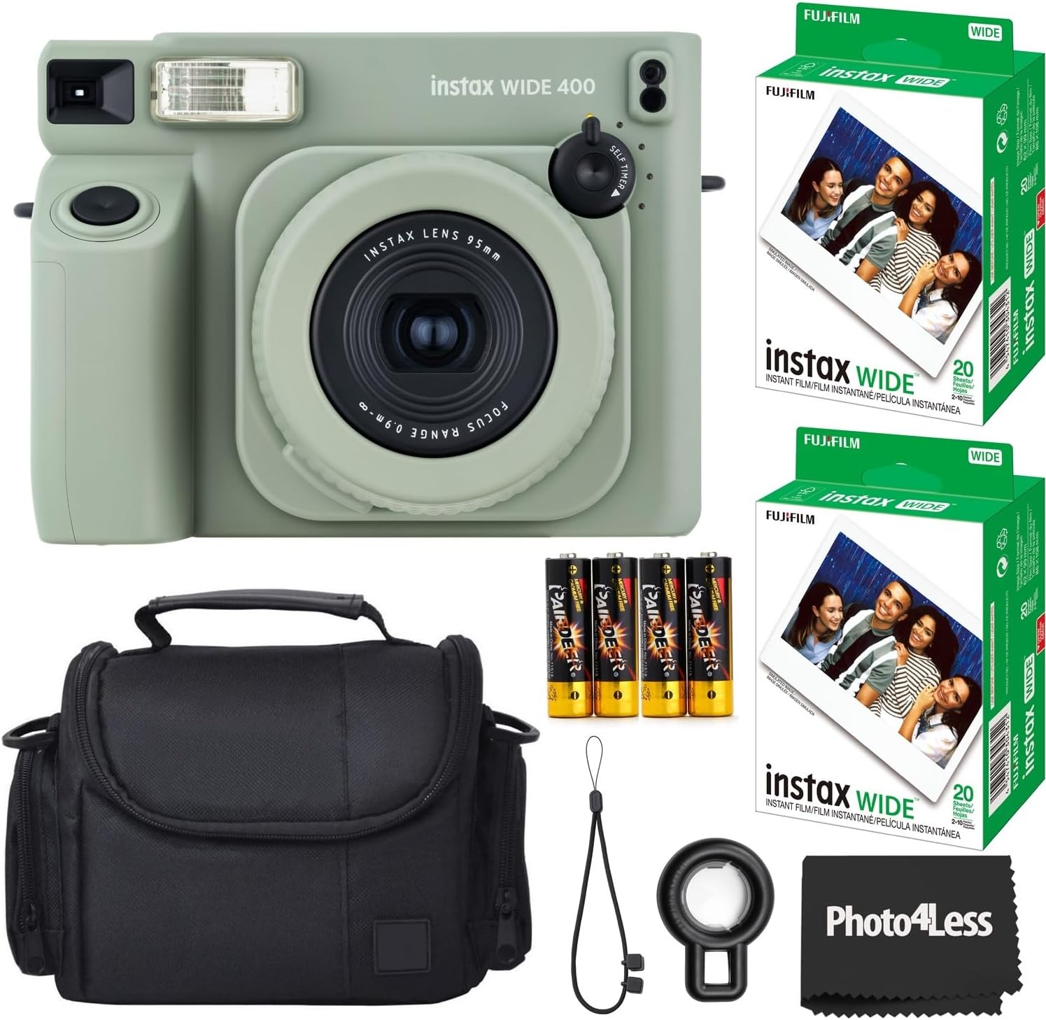 Fujifilm Instax Wide 400 Instant Film Camera (Sage Green) Bundle with Instax Wide Instant Film (40 Sheets), with Accessories Including Protective Carrying Case