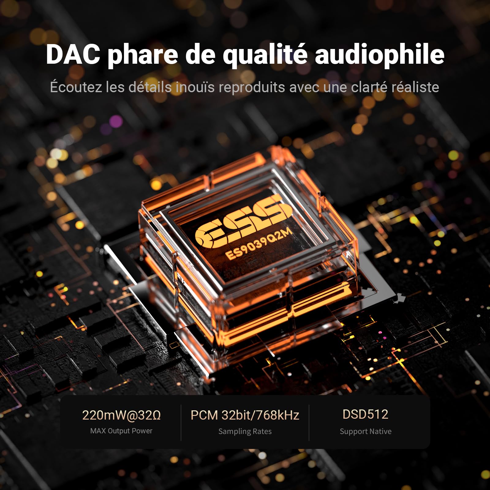 Fosi Audio DS3 Dongle Amplificateur DAC USB-C, Ampli Casque Portable avec Audio Spatial 7.1 pour Jeux Vidéo, ES9039Q2M XMOS Powered, 3,5 mm Simple 4,4 mm Symétrique, pour PC/Phone/PS5/Switch (Noir)
