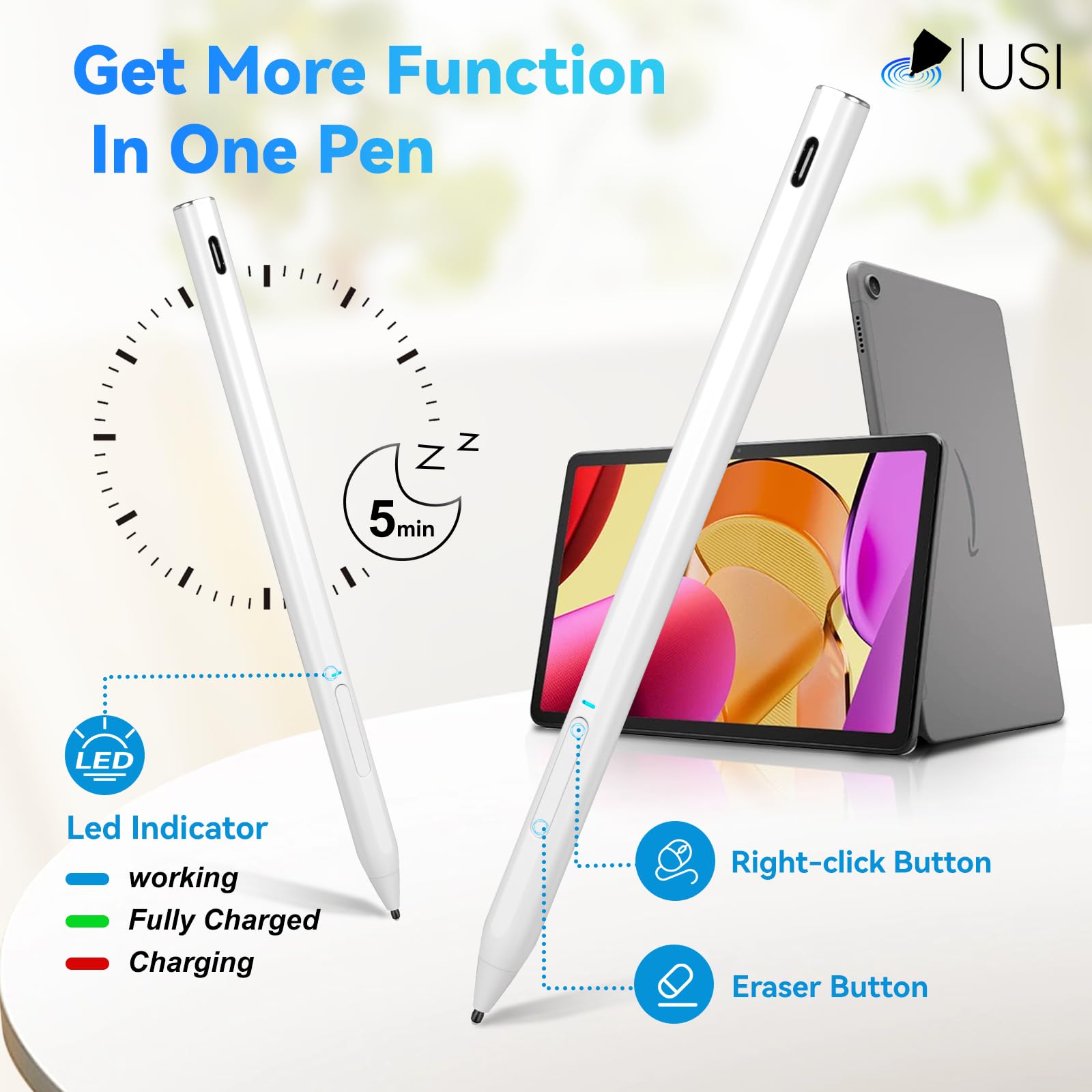 Penna stilo certificata USI 2.0, funzione Palm Rejetion Tilt 4096, sensibilità alla pressione, penna USI per Lenovo Chromebook Duet/Google Pixel, tablet bianco