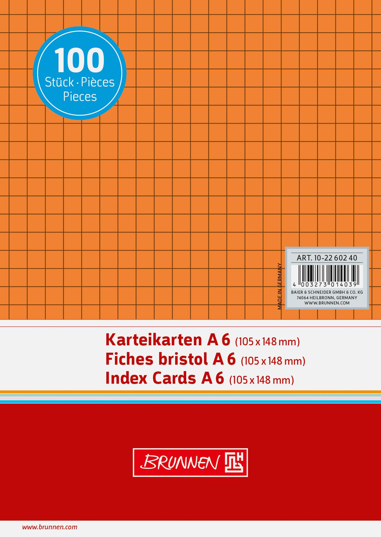 Baier & Schneider Index Cards, Cardboard 180 g/m², A6, Kariert, Orange, Shrink Wrapped with
