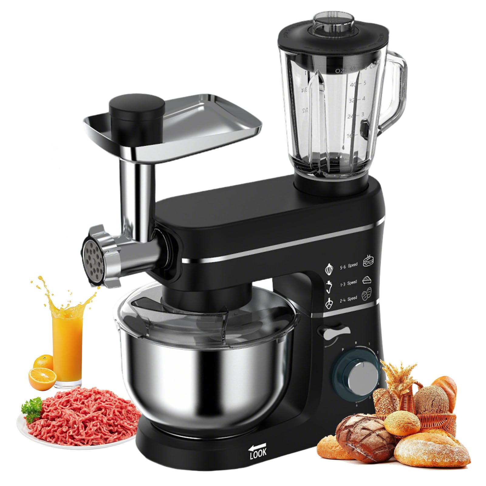 1400W 5 in 1 Domestico Impastatrice Planetaria,con Funzioni: spremitura, Impasto, tritacarne, miscelazione, Montatura, Frullatore da 1,5L,Ciotola 10L, `per frullati, Pizza, Pane Black