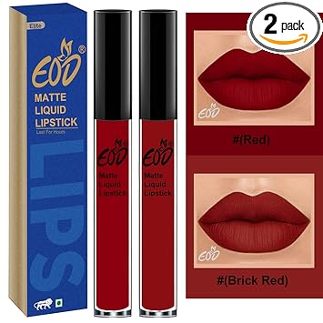 EOD Elite Collection Long Lasting Waterproof 100% Vegan Made in India Matte Liquid Lipstick Combo of 2 Lip Gloss(Red, Maroon)