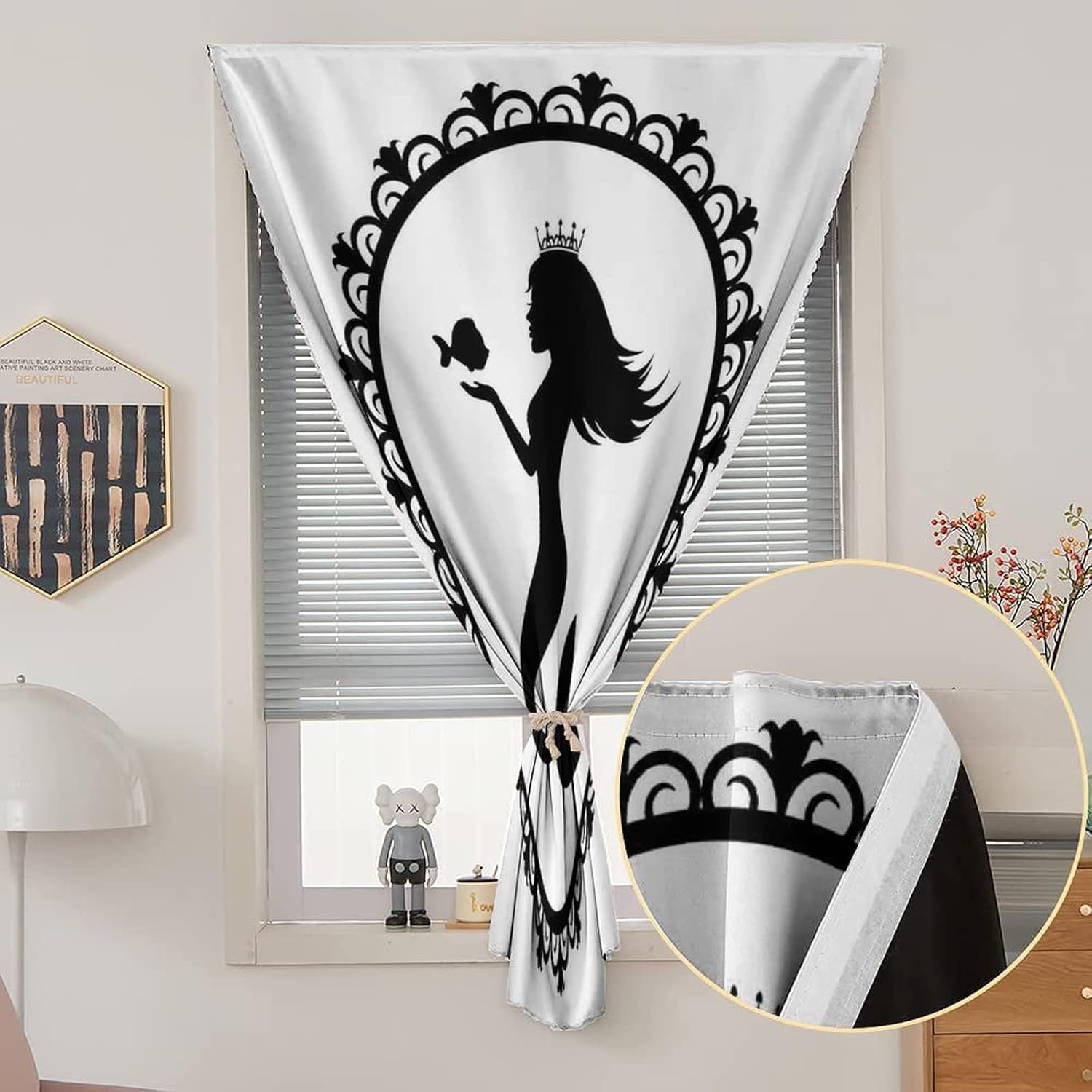 Anywhere Portable Blackout Curtain, Cartoon Door Window Curtains, Vintage Style Graphic Framed Girl with Crown Fish Print Temporary Blackout Blinds,47W x54L Inch, for Bathroom Living Room Bedroom