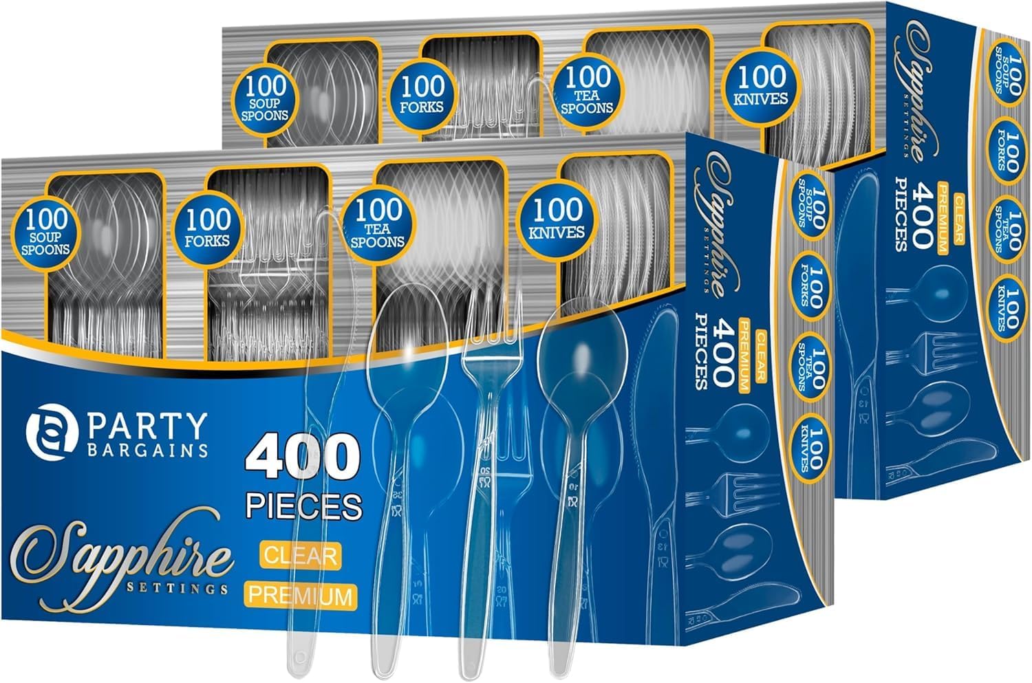 Party Bargains Disposable Cutlery Set Color: Clear Sapphire 800 Pcs: 200 Teaspoons, 200 Soupspoons, 200 Knives, 200 Forks, Heavy Duty Disposable Silverware Utensils Set for Wedding, Buffet, Luncheon