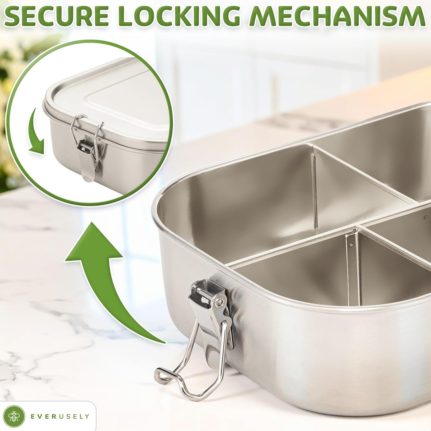 Everusely - Bento Box - Stainless Steel Lunch Box for Adults - 47 oz, 1.4 L - 5 Compartment Snack Container with Removable Silicone Seal + Secure Lock Clips - Non Plastic, Leakproof, Dishwasher Safe - Image 5