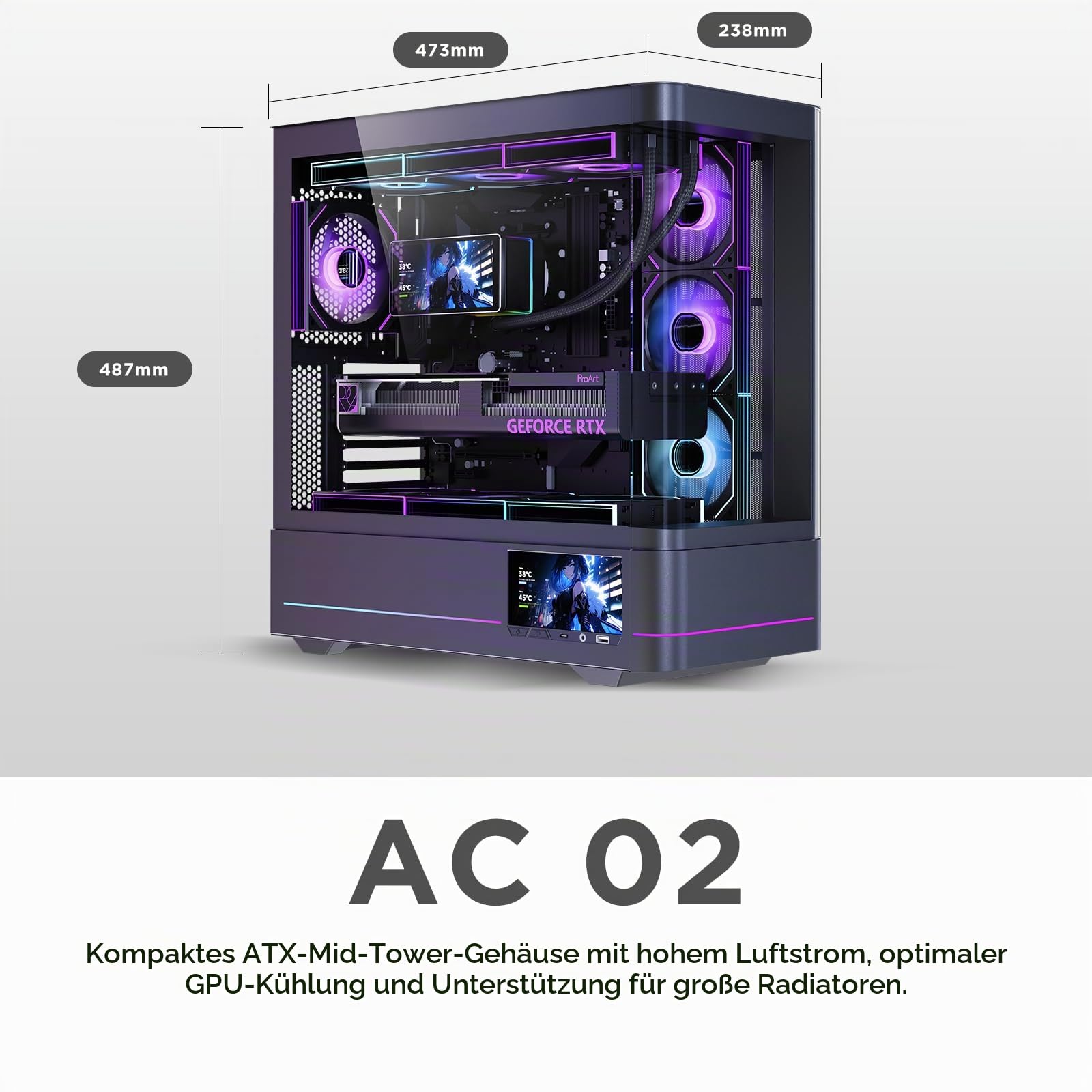 TZMRIT AC-02 PC Gehäuse mit 5.5INCH LCD Display,Mittelturm ATX-Computergehäuse mit Panorama-Doppelglas (Black)