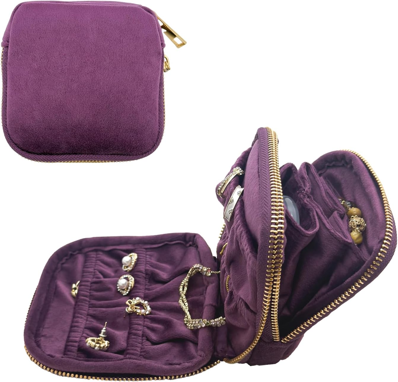 Double Layer Travel Jewelry Case, Small Soft Velvet Jewelry Organizer Pouch for Necklaces Earrings Rings Bracelets, Portable Travel Jewelry Storage Box for Women