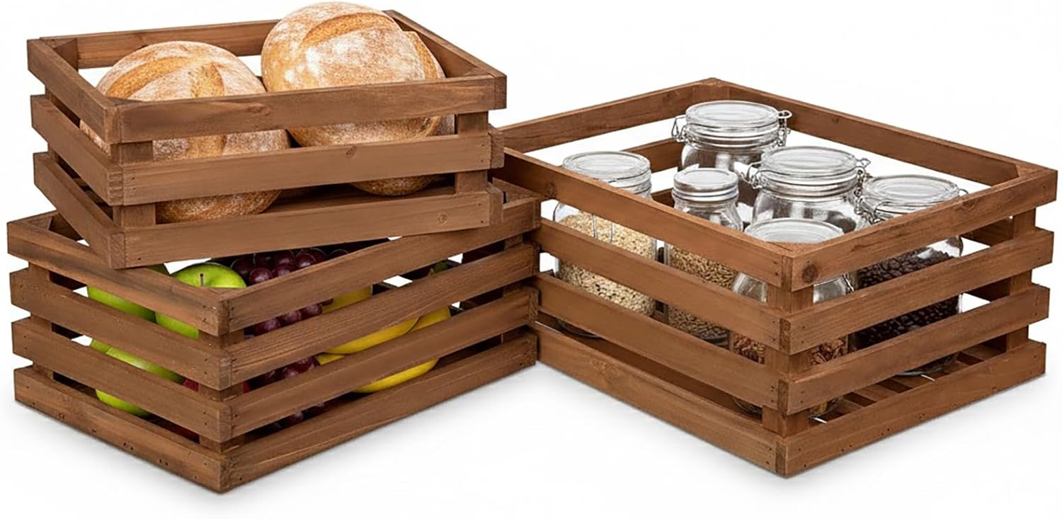 Set of 3 Nesting Wooden Storage Crates - Large Rustic Wooden Storage Crates for Display Brown Wood Container Boxes Wood Baskets for Farmhouse Flower Stand Display Rack for Shops Exhibitions Home Decor