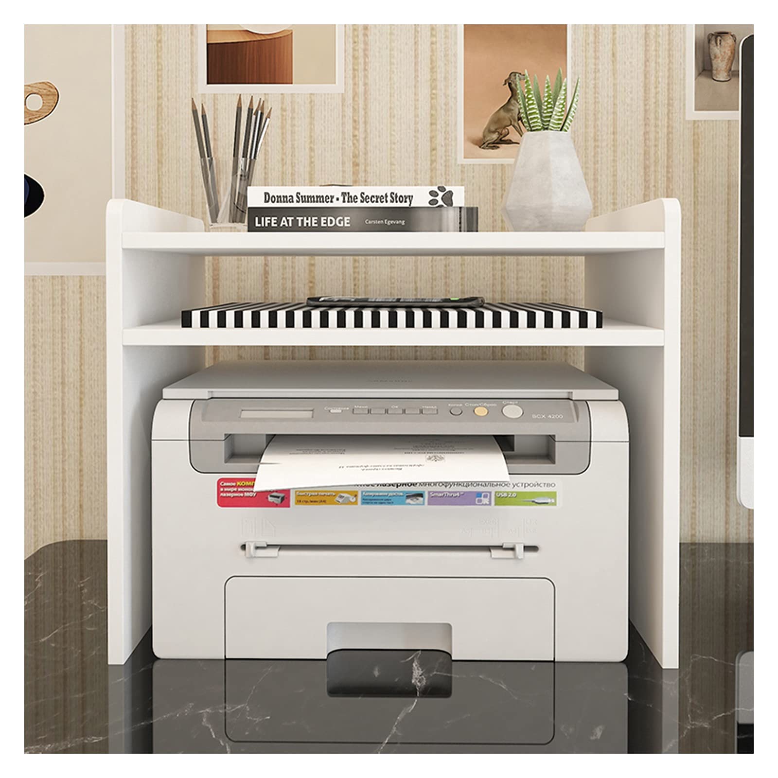 IEOWY Printer stand,Multifunctional Printer Stand - 2-Tier Desktop Shelf for Home & Office Organization, Storage for Fax Machine, Scanner & Files, White Desktop Desk Accessory