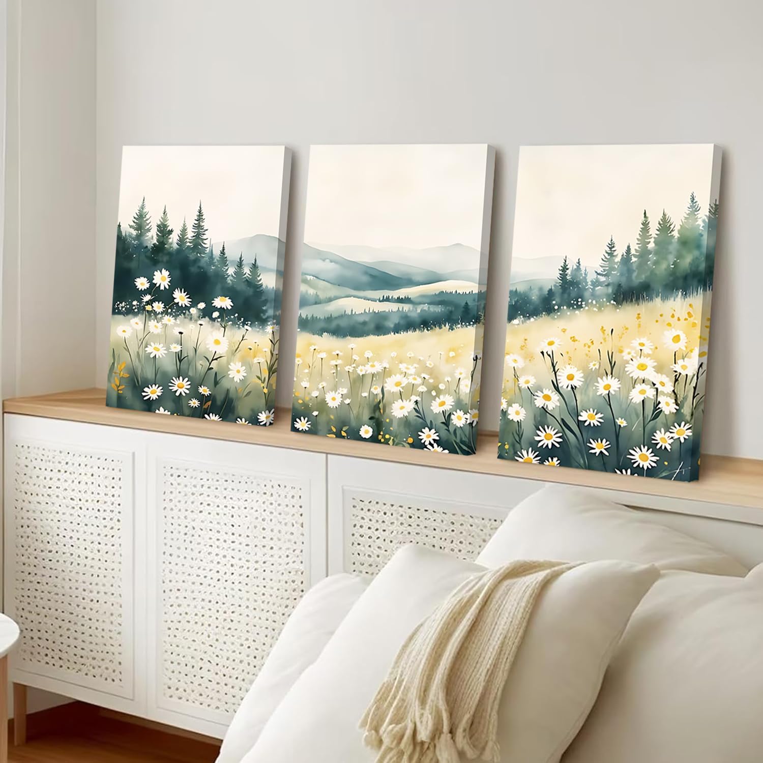 Boho Mountain Flower Wall Art Landscape Green Daisy Canvas Wall Decor Abstract Wildflower Art Prints Farmhouse Flowers artwork Watercolor Floral Painting Picture Nature Poster for Living Room Bedroom Office Ready to Hang 12x16 Inch Framed