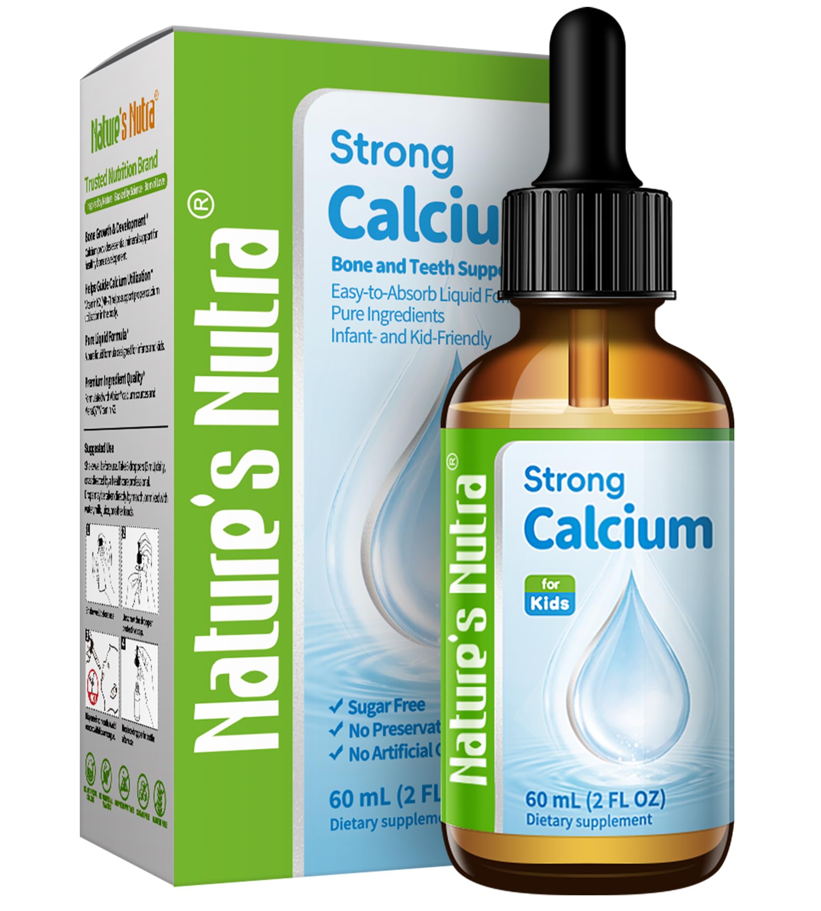Nature's Nutra Strong Calcium, Plus MenaQ7 K2, Premium Liquid Calcium for Baby, Infant and Children, Natural Flavor, Non-GMO, 2 Fl. Oz (60ml)