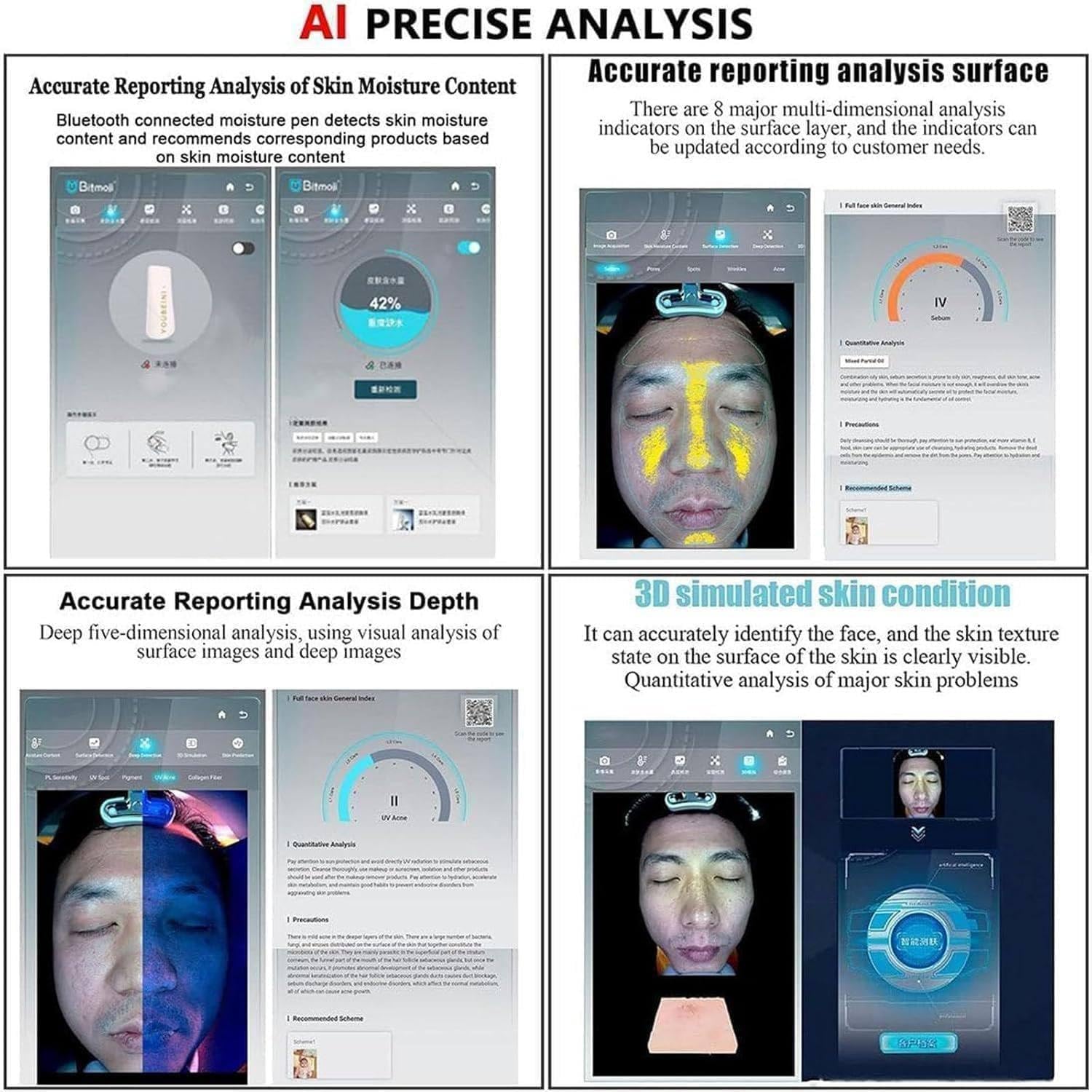 Apparecchio per l'analisi della pelle del viso per salone - Strumento professionale per l'analisi intelligente dell'umidità con dermatoscopio,13.3in