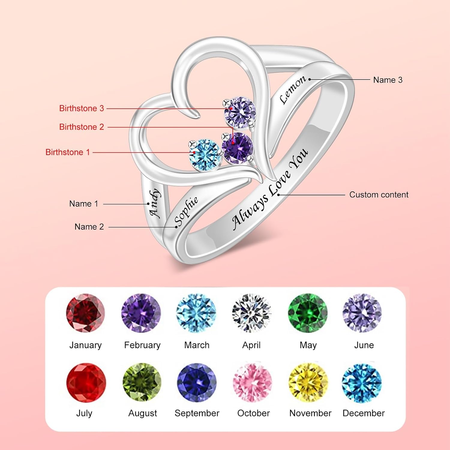 LucySkyCustom Birthstone Rings with 1-8 Birthstones Engraved Name Ring Heart for Wedding Valentine's Day Mother's Day Birthday Anniversary
