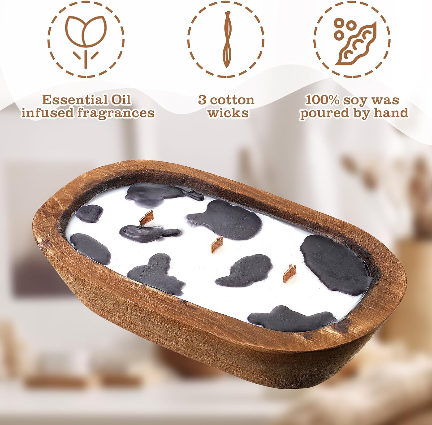 Siifert Wooden Dough Bowl Candle 3 Essential 20 Ounce Natural Soy Oil Wick Candle Wax Melts Rustic Farmhouse Decor Gifts for Women and Men(Cow Print) image 3