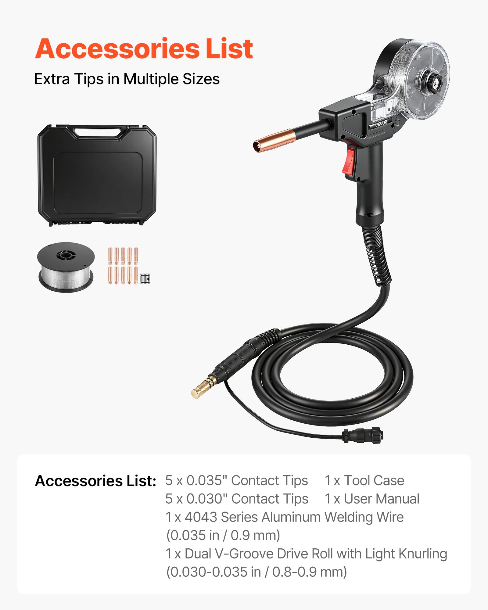 VEVOR Pistola de Carrete MIG 130A con Cable 3 m Compatible con Lincoln Magnum 100SG K2532-1 para Easy MIG 140 180 con Rodillo y Puntas de 0,8-0,9 mm, Alambre Aluminio para Reparación Taller Automotriz