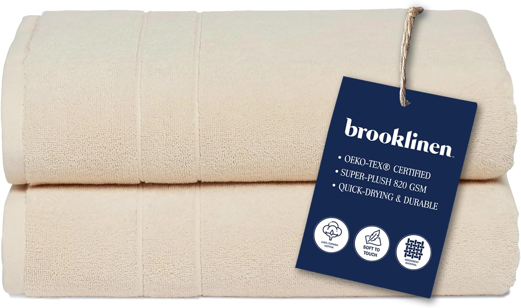 BrooklinenSuper-Plush Turkish Cotton Bath Towels Set of 2 Cotton, 820 GSM, Machine Washable, Perfect Bath Towels for Bathroom, Spa & Shower (30" x 58",Vanilla)